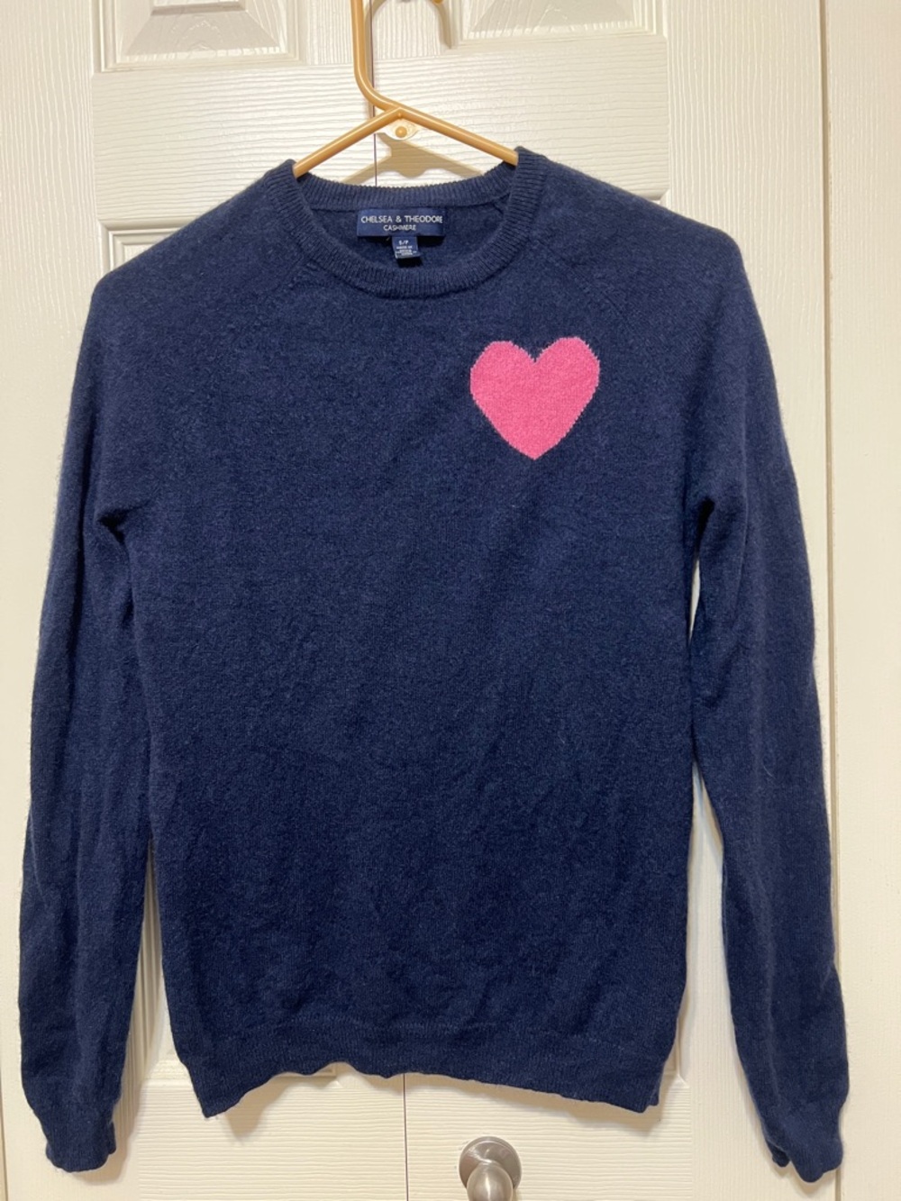 Chelsea & Theodore Cashmere Navy Sweater with Pink Heart Accent